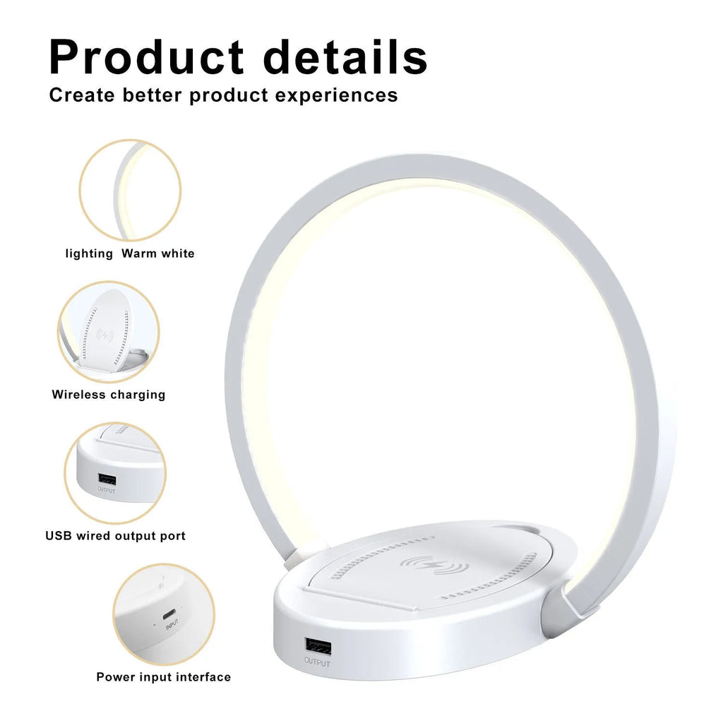 Wireless charging LED desk lamp with Bluetooth speaker, phone holder, and USB port in wood grain finish