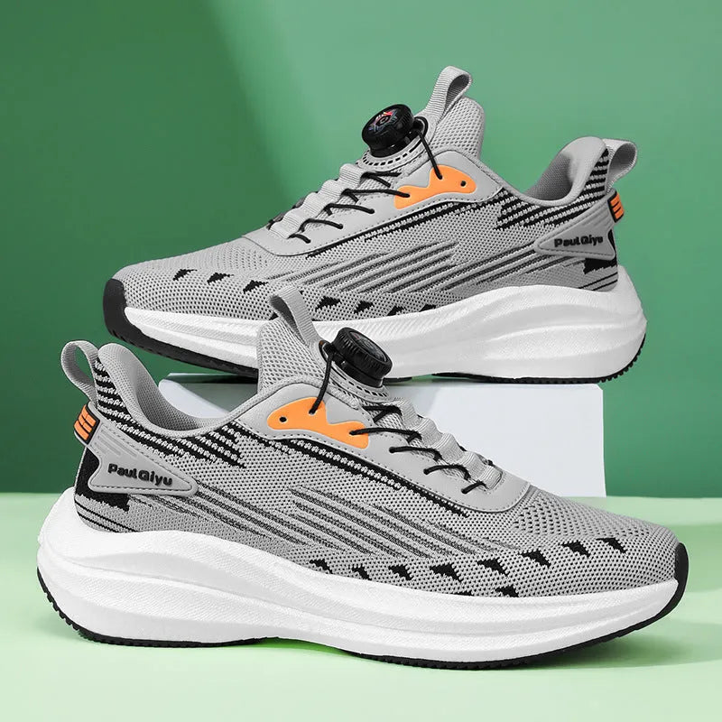 Men's rotating buckle Fly-kit mesh sports running shoes in black, gray, or white and green colour options