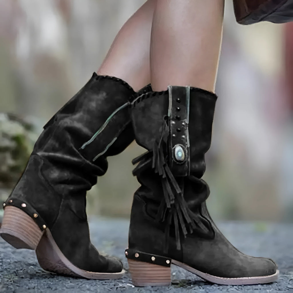 Women's square heel ankle boots in faux suede with PU lining and rubber outsole, shown in black, camel, deep brown, grey and khaki