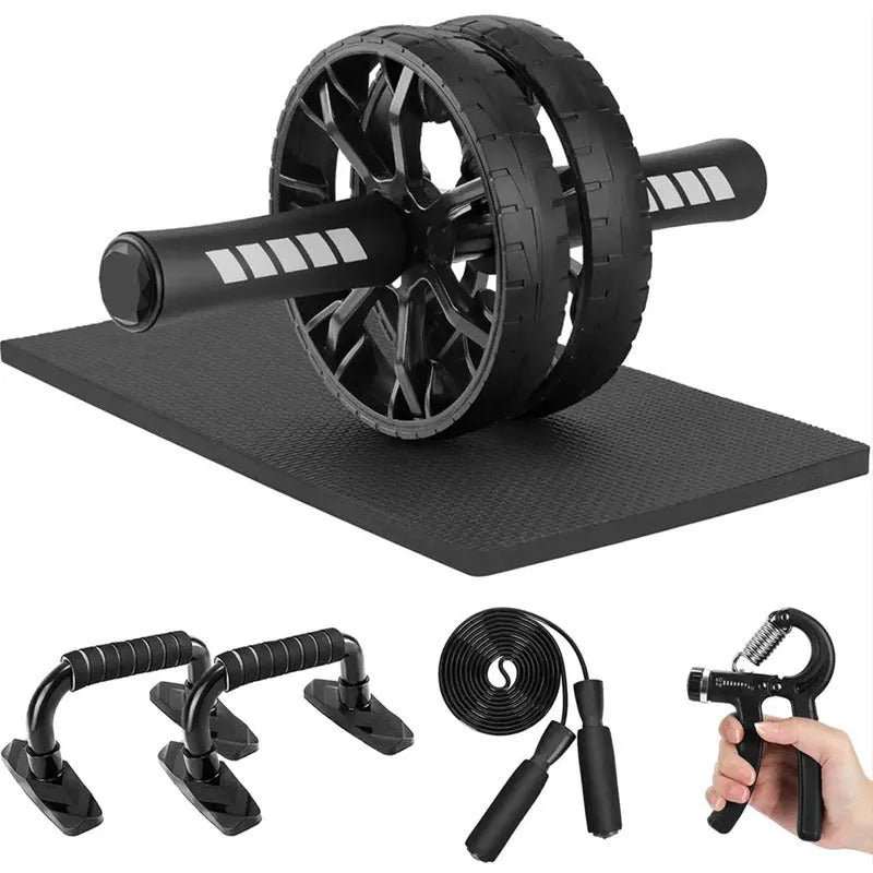 Set of seven abdominal wheels with dual handles in red, green, black, and blue colours for home fitness training.