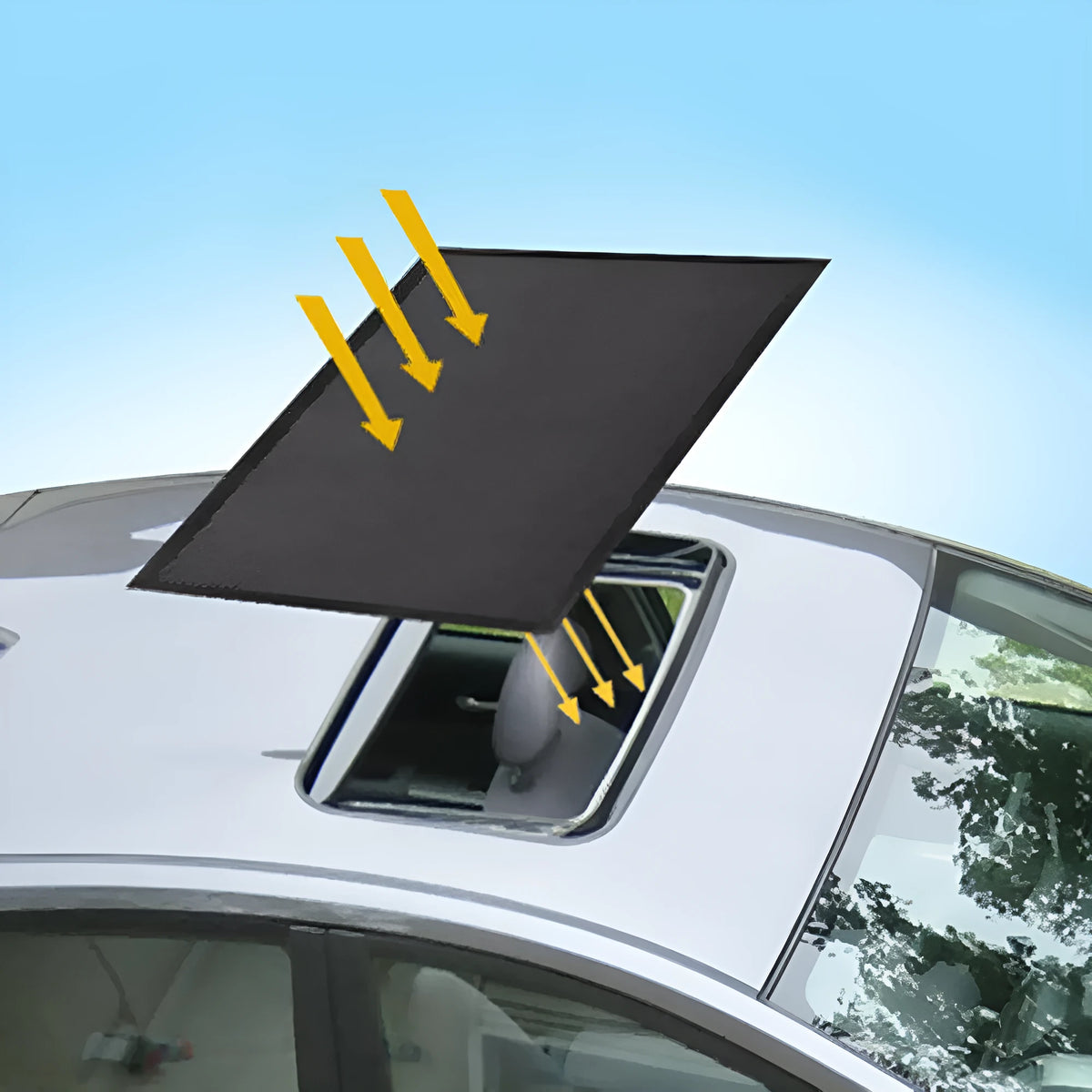 Black car sunroof sunshade, 95cm by 55cm, with silver coating and magnetic hardware for vehicle skylight.