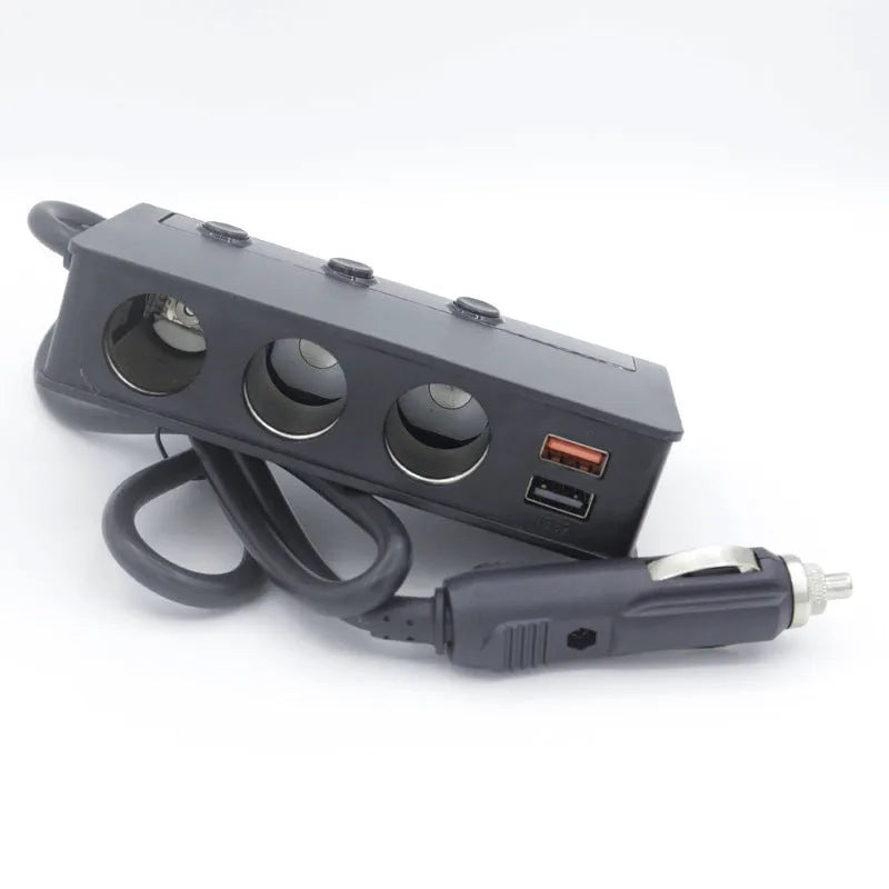 Black and red 3-port QC3.0 car charger with 70cm cable, ABS body 13x7.4x3cm.