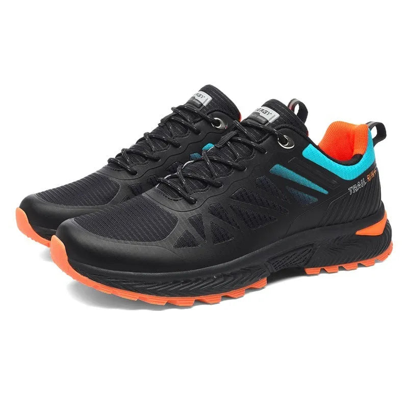 Men's black and orange mesh running shoes with round toe and lace-up front