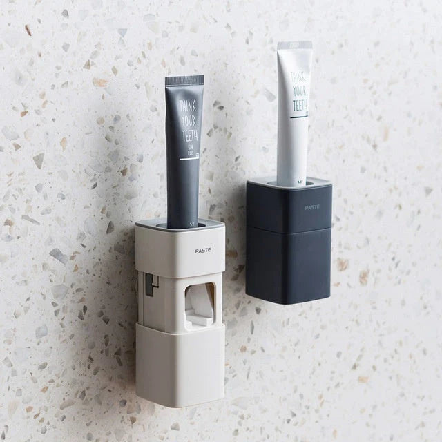 Wall-mounted automatic toothpaste dispenser with self-adhesive, dustproof design for convenient, mess-free oral care