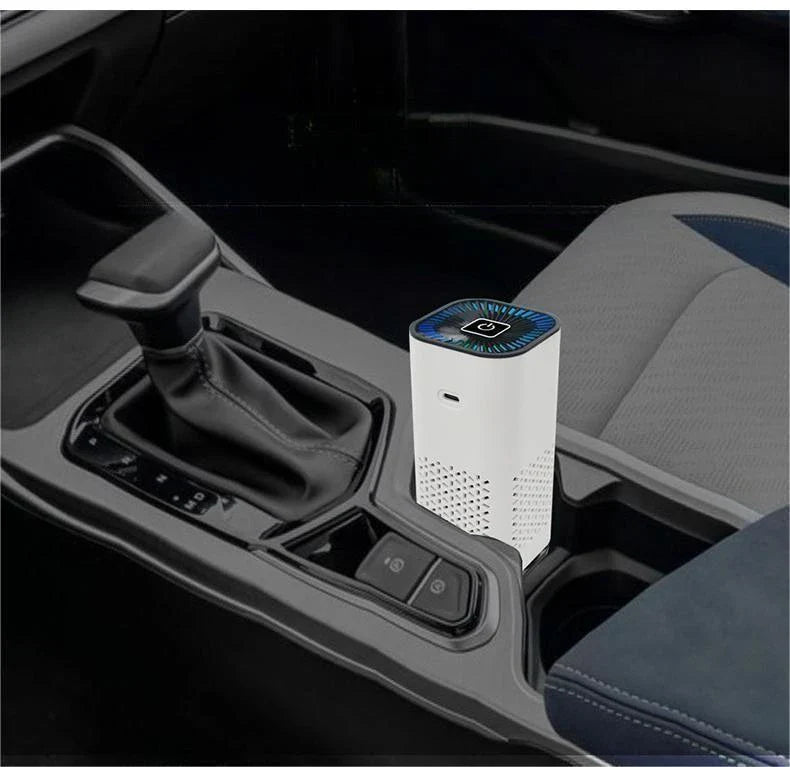 Compact, portable air purifier with dual-inlet design, negative ion generator, and efficient filtration for home and car use