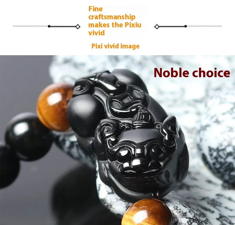 Black Mexican Gold Sheen Obsidian Pi Xiu charm bracelet with crystal beads.