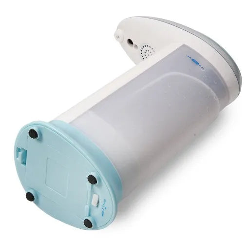 White automatic sensor soap dispenser on kitchen counter with infrared hand detection