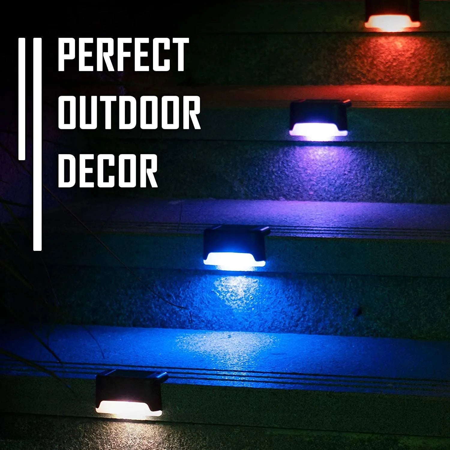 Set of four brown solar step lights with warm LED glow mounted on outdoor wooden stairs