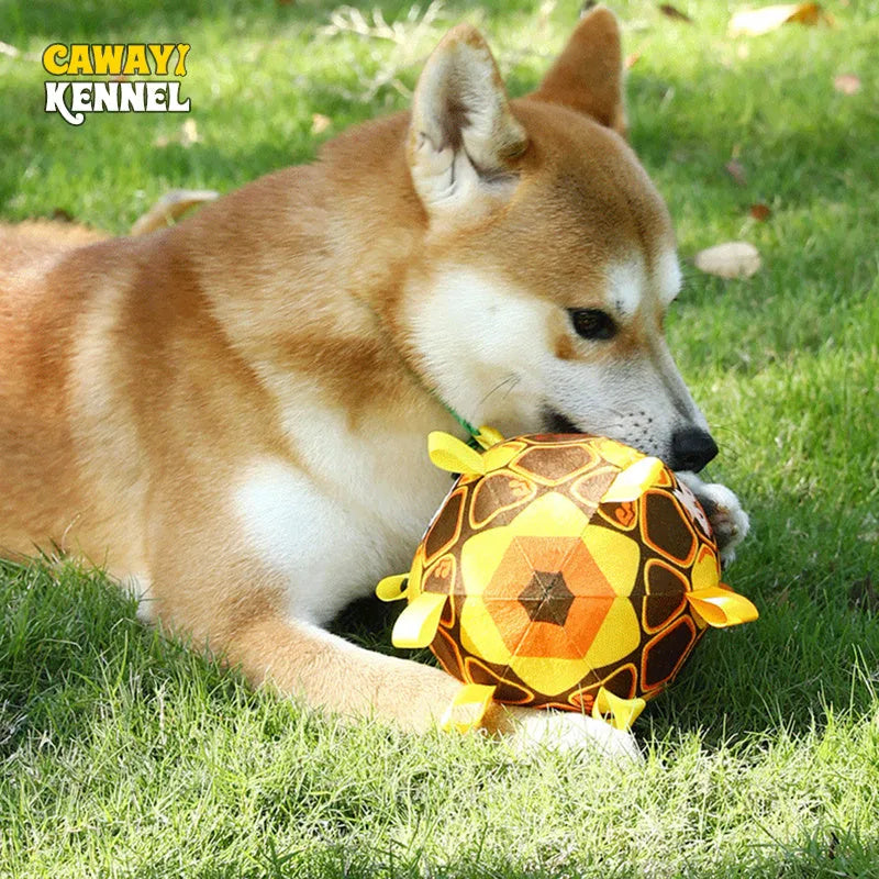 15cm plush dog ball with handle and bells in green, watermelon, or yellow colours