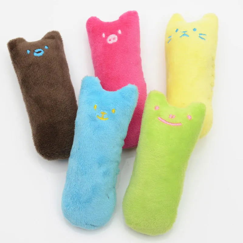 Interactive catnip plush toy for cats in rose red and green on a light background