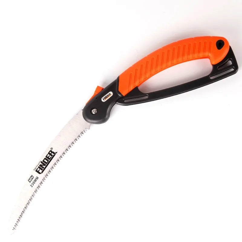 A folded garden hand saw with a TPR handle and a 230mm long metal saw blade extended.