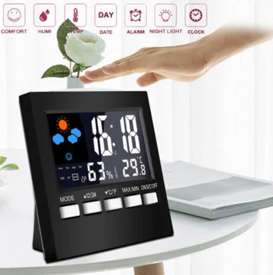 Black ABS multifunctional alarm clock with thermometer, humidity monitor, colour weather forecast, blue backlight
