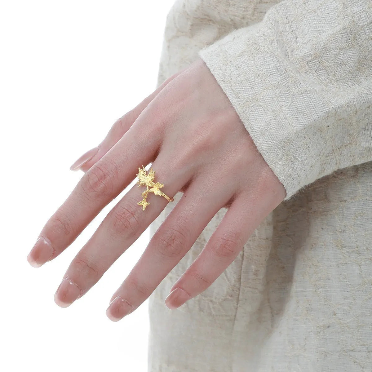 Adjustable silver butterfly ring for women in white gold or 18K gold electroplated finish.