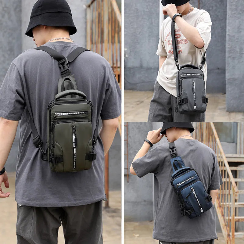 Men's waterproof nylon crossbody chest bag in khaki, medium square vertical section with zip closure and multiple compartments