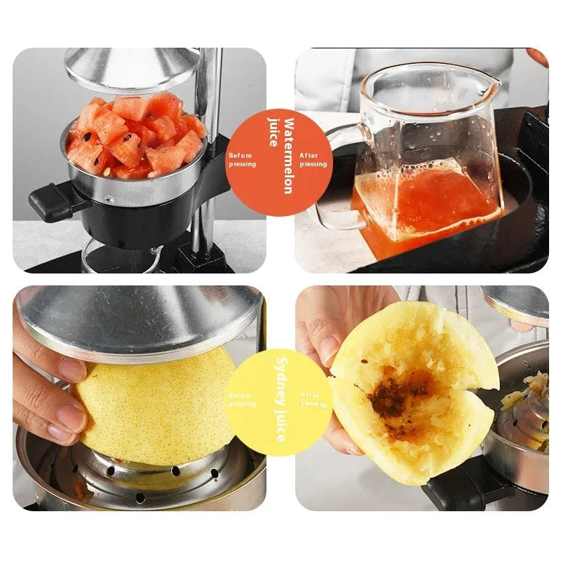 Tall black cast iron manual juicer with stainless steel cone on a kitchen counter