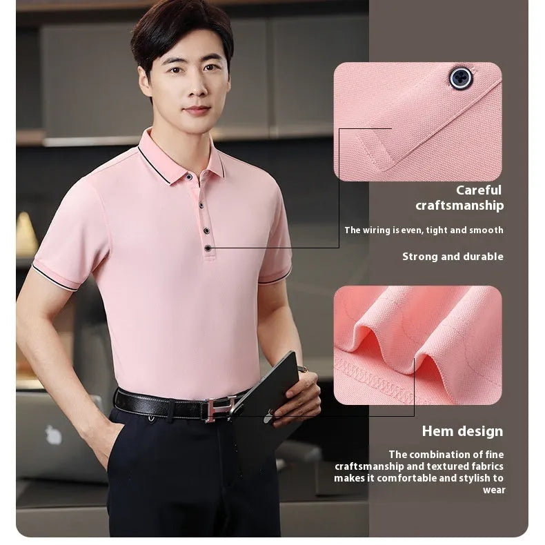 Short-sleeved asymmetric polo shirt for beauticians in pea green, shown on a hanger.