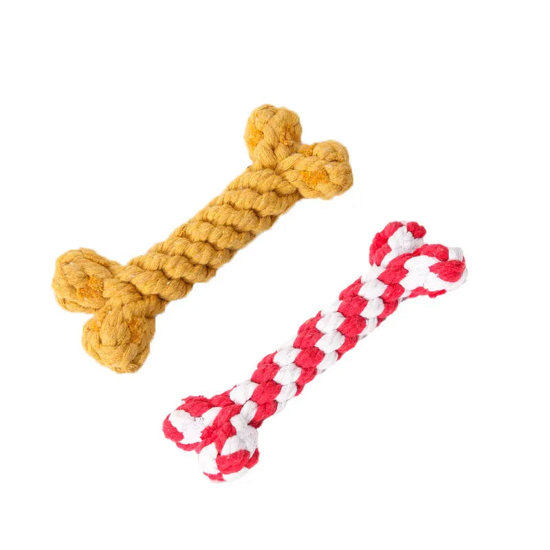 Cotton rope knot dog bone toy approximately 15cm long in blue colour on white background