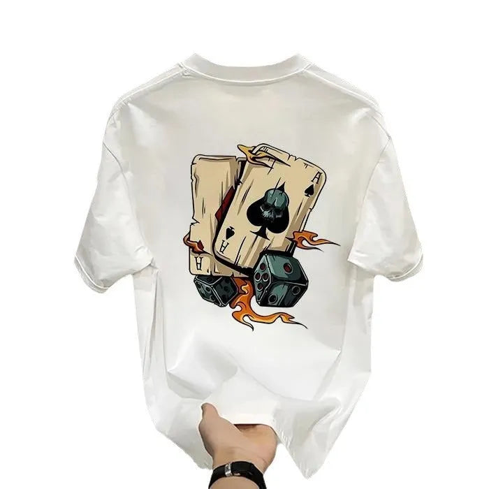Men's black and white heavy cotton short-sleeved t-shirt shown in multiple sizes