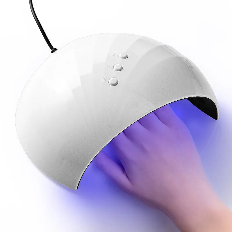 White 36W UV LED nail lamp with 12 beads and USB power socket on a clear background