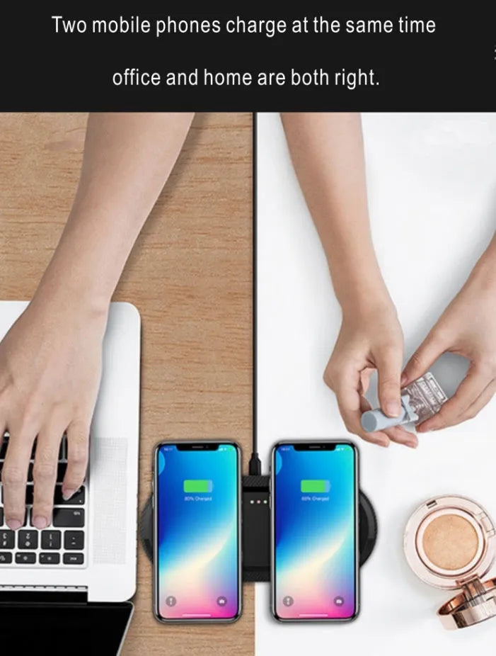 Black and white dual wireless charger charging two smartphones simultaneously on anti-slip silicone base
