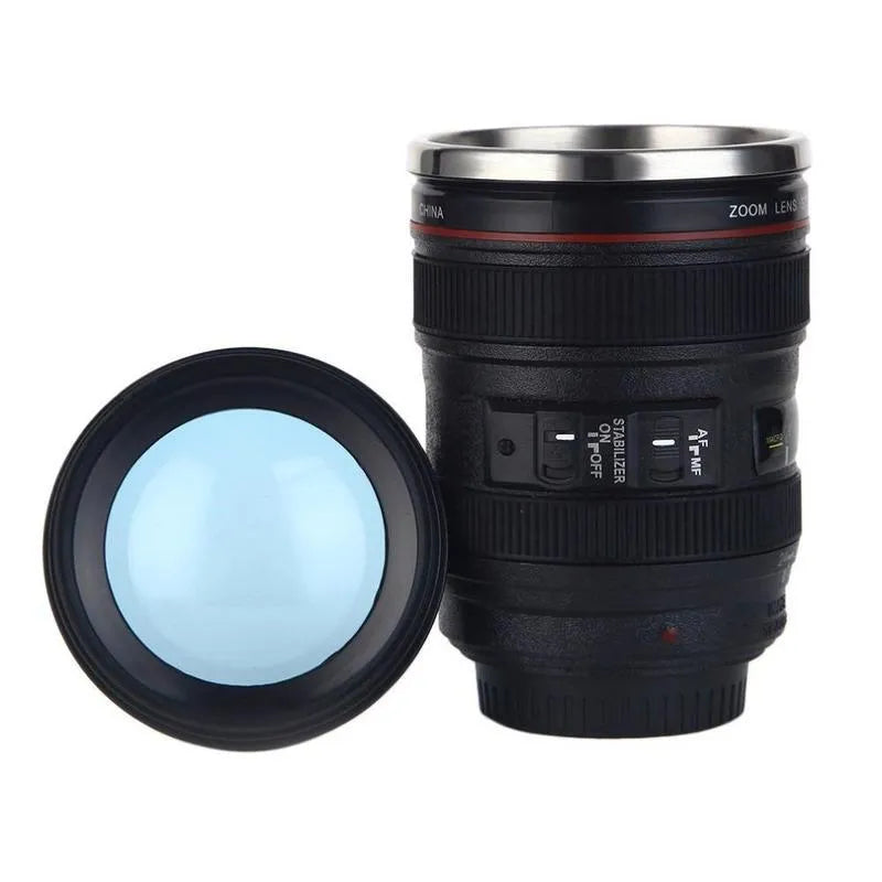 Stainless steel camera lens travel mug in black colour with 400 ml capacity and straight cup design
