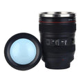 Stainless steel camera lens travel mug in black colour with 400 ml capacity and straight cup design