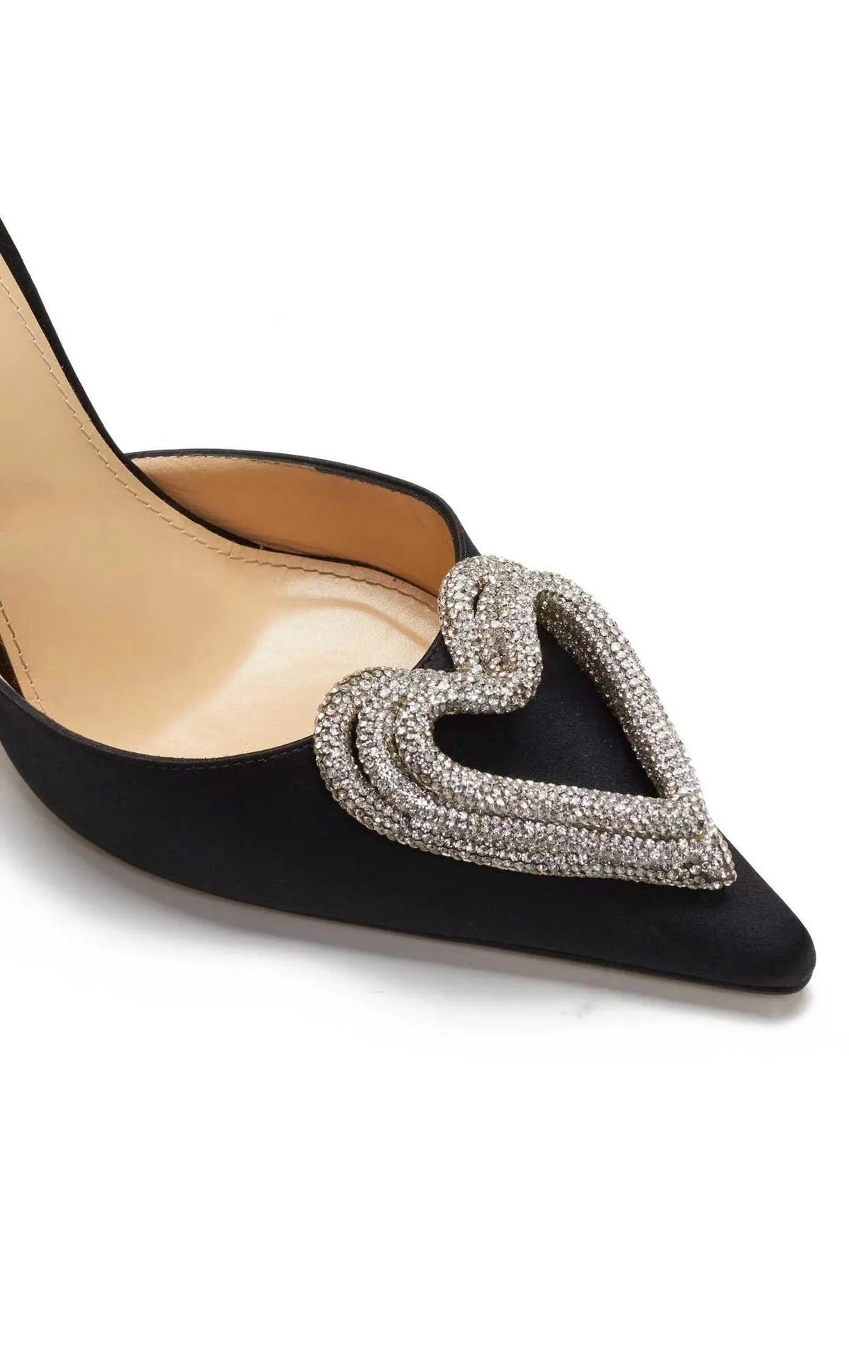 Women's pointed toe sandals with satin upper, heart-shaped rhinestones, and adjustable cross-belt straps.