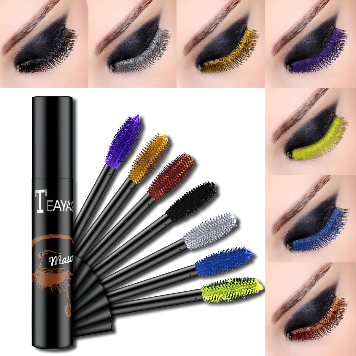 Tube of colour fluorescent waterproof mascara with brush wand, available in multiple shades