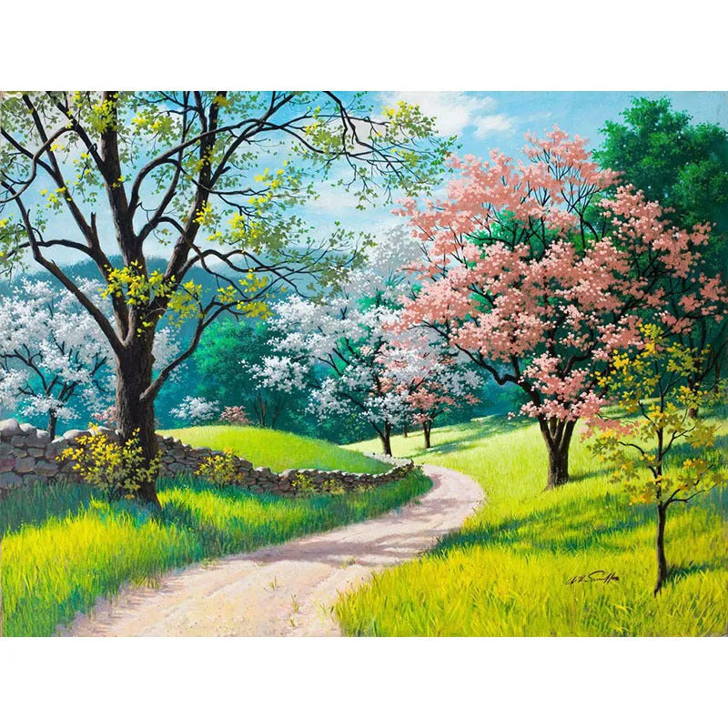 40x50cm landscape paint by numbers kit showing printed linen canvas and set of acrylic paints