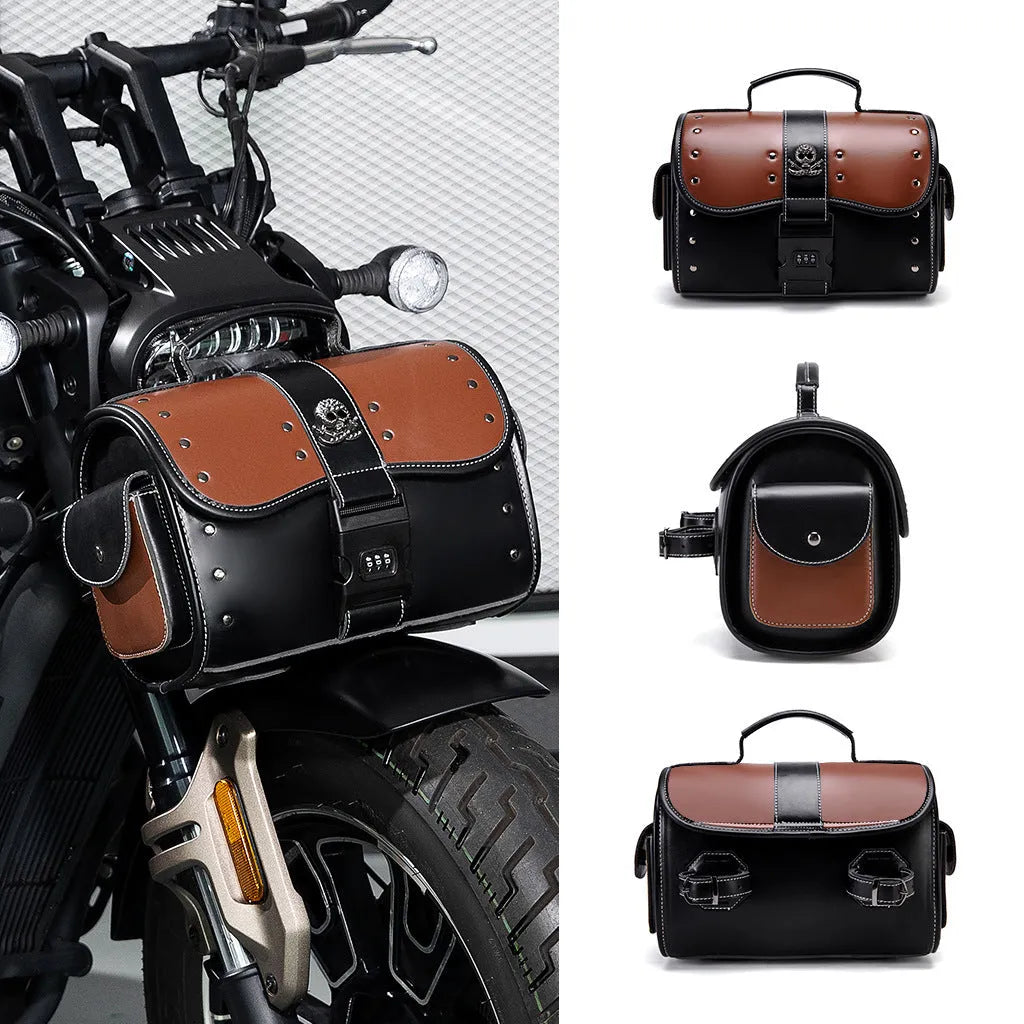 PU leather motorcycle front bag with colour contrast patchwork design, model FBG397BK