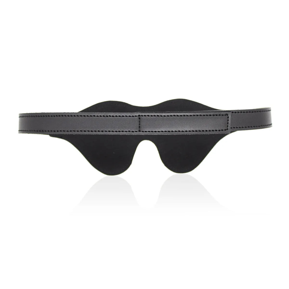 Women's black leather velcro eye mask blindfold showing three-dimensional shape and metal hardware.
