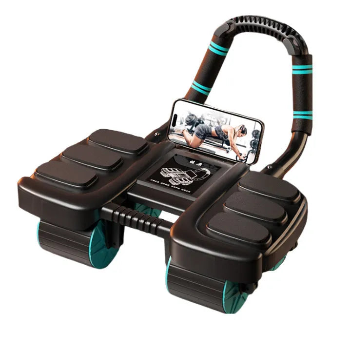 Orange four-wheel abdominal roller with elbow support pads and automatic rebound mechanism.