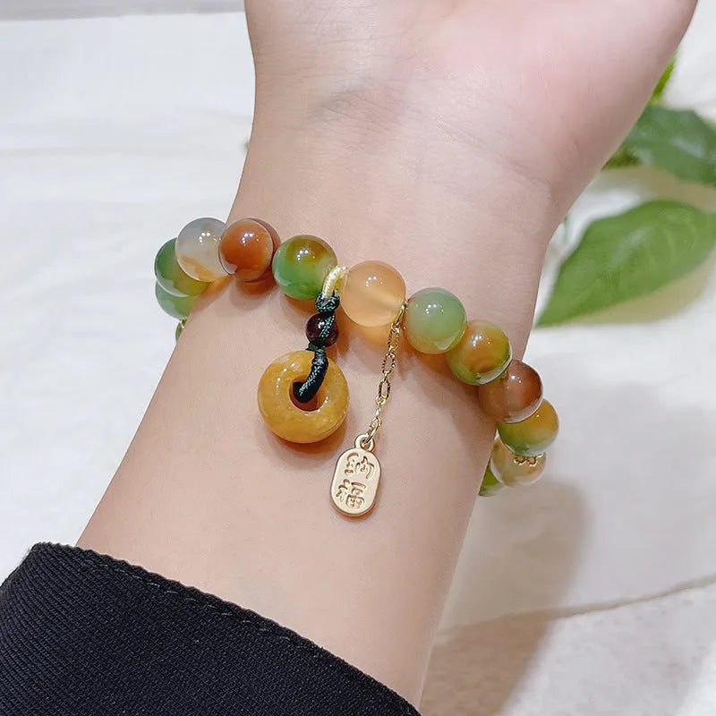 Yellow peacock agate and old mine topaz women's bracelet with peace buckle fastening