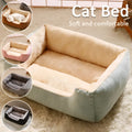 Short plush cat bed cushion shown in multiple sizes and colour options including black, coffee, grey, green and pink