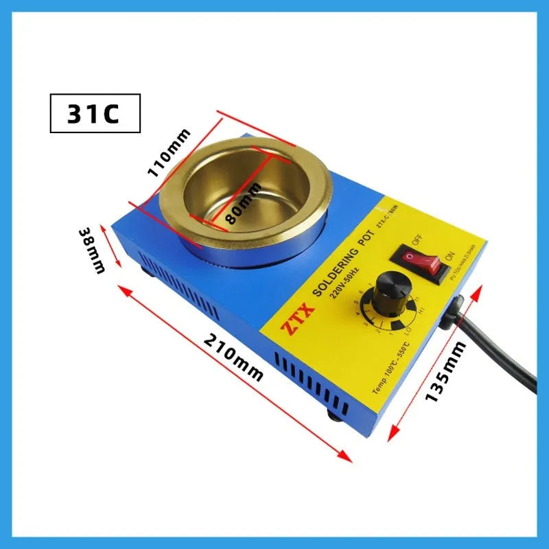 Desktop tin melting furnace with thermostat dial and titanium-plated pot on a workbench.