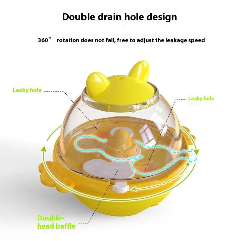 Yellow lake blue TPR dog food tumbler toy measuring 11.2 x 13.9 x 12.2 cm