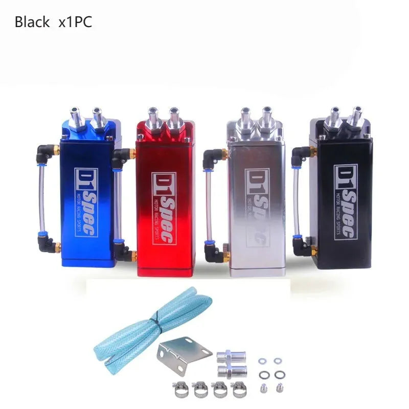 Metal car engine oil catch tank in red, blue, black, and silver colour options for modified vehicles.