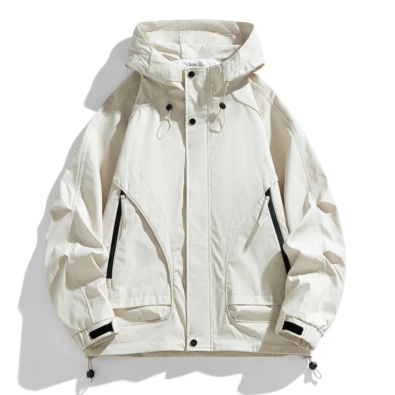 Men's hooded trench coat in black, thin dacron, loose fit, zip pocket, long sleeves, spring autumn jacket.