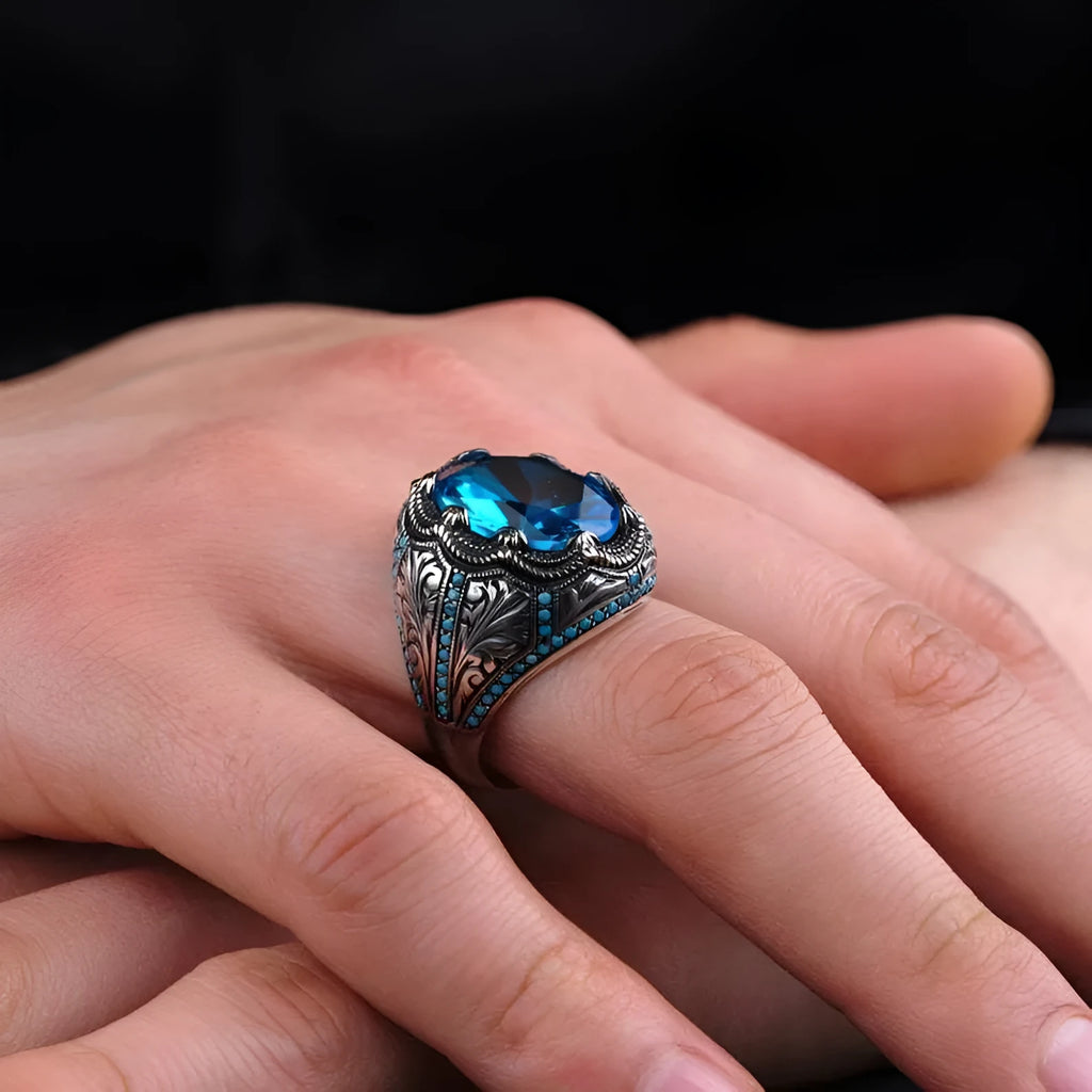 Geometric blue zircon couple ring with diamond accents in antique silver finish