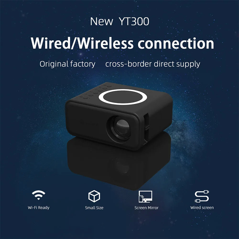 YT300 portable mini projector in black or white with compact design showing connectivity ports and remote control