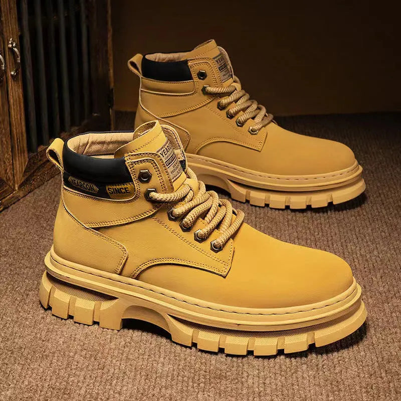 Men's brown Martin boots with high-top design, lace-up front, and round toe on rubber sole