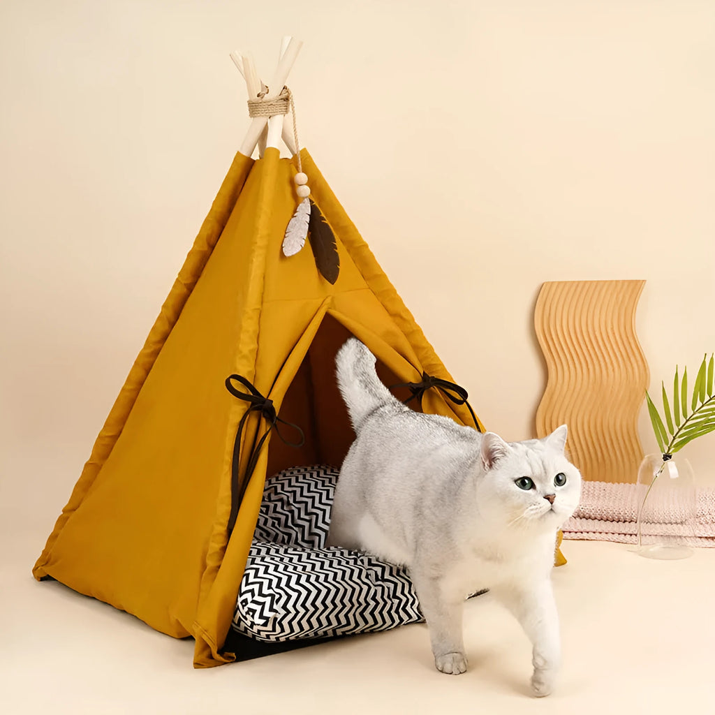 Sunset yellow semi-enclosed cat tent pet bed made from soft cloth with removable washable cover