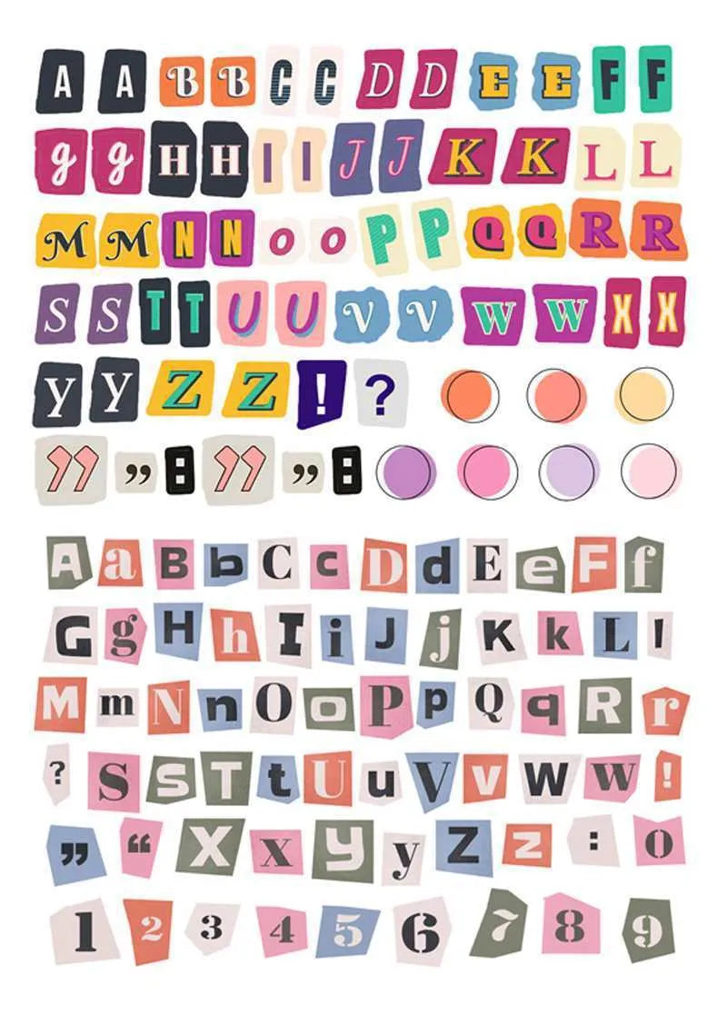 English letters and numbers symbol label decoration stickers in cute style with weekly words
