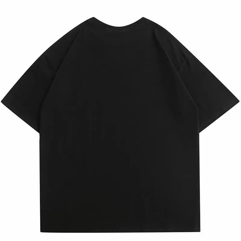 Men's black cotton t-shirt with artistic Chinese retro printing, loose fit with short sleeves