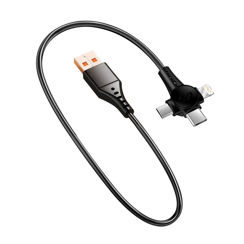 Black telescopic charging cable extended to 1.5 metres with Lightning, Micro USB and Type-C connectors visible