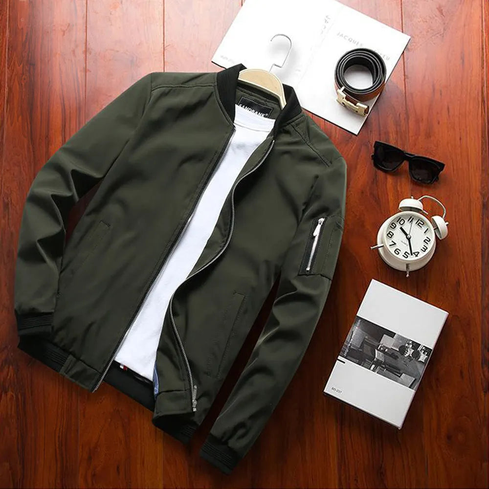Men's slim-fit casual baseball jacket with zipper front and side pockets in red, black, or blue