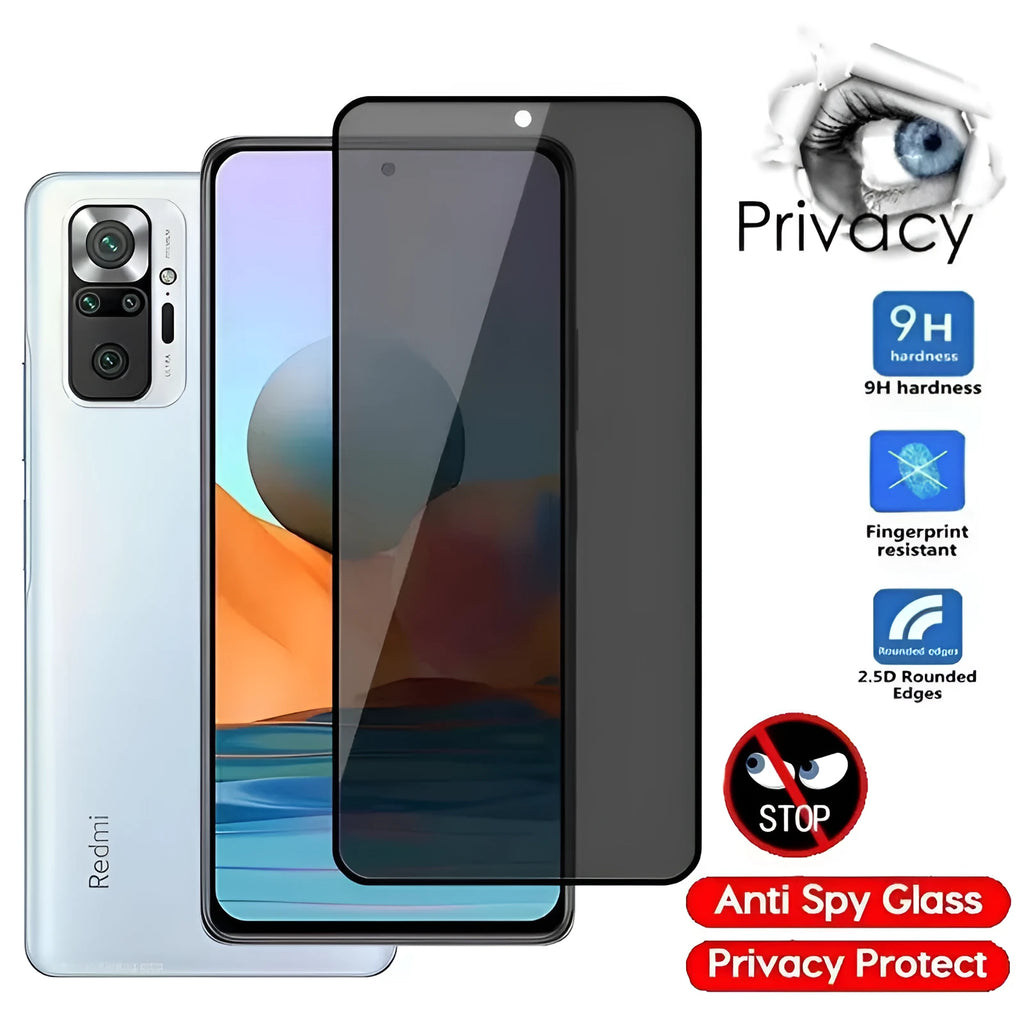 Anti-spy screen protector for Xiaomi Poco and Redmi Note smartphones showing privacy angle effect