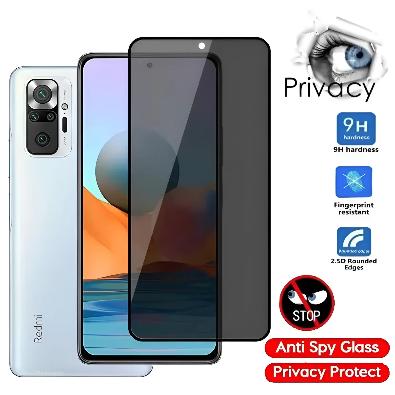 Anti-spy screen protector for Xiaomi Poco and Redmi Note smartphones showing privacy angle effect