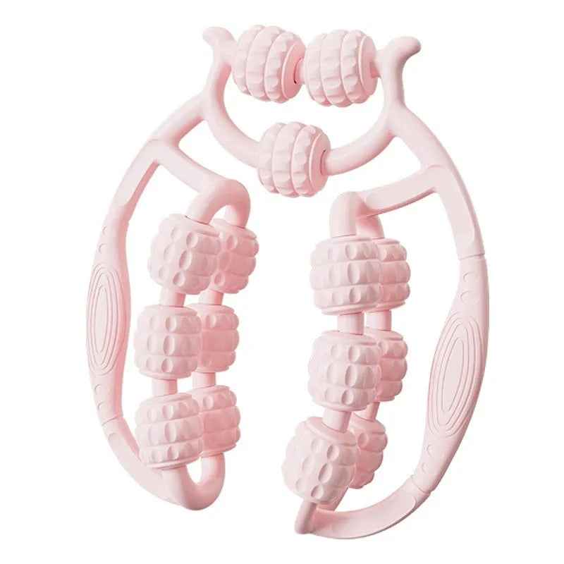 A handheld leg massage roller with double-row wheels in a choice of five colours including coral pink and green.