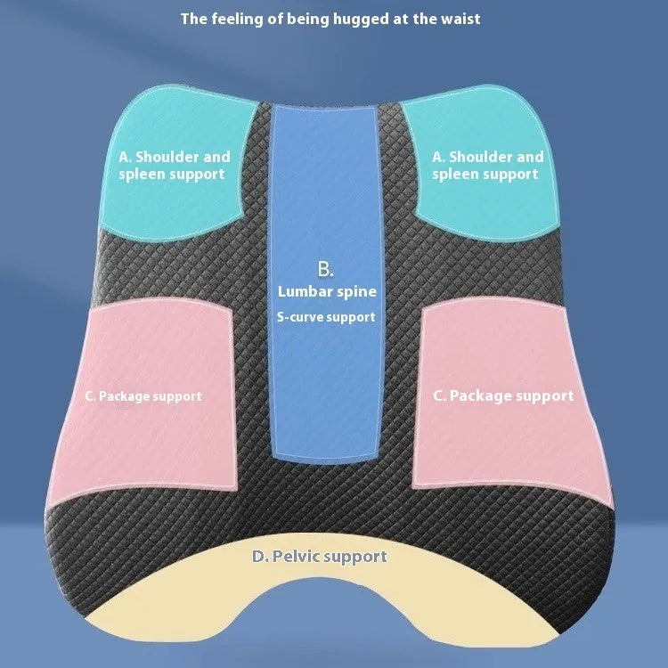 Grey lumbar support pillow for office chairs measuring 40x40x8cm with contoured design